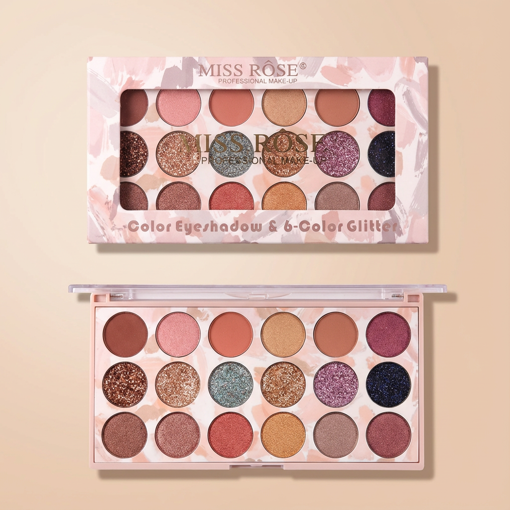 w palette, designed to offer endless creativity. this versatile palette combines richly pigmented matte shades for smooth, everyday looks with sparkling glitter shades for bold, glamorous styles. the silky smooth formula blends effortlessly, delivers long lasting color payoff, and resists creasing or fallout. ideal for both beginners and professional makeup artists, this palette is perfect for creating soft daytime looks or dazzling evening glam. unlock limitless eye makeup possibilities with miss rose matt + glitter eyeshadow palette. w palette, designed to offer endless creativity. this versatile palette combines richly pigmented matte shades for smooth, everyday looks with sparkling glitter shades for bold, glamorous styles. the silky smooth formula blends effortlessly, delivers long lasting color payoff, and resists creasing or fallout. ideal for both beginners and professional makeup artists, this palette is perfect for creating soft daytime looks or dazzling evening glam. unlock limitless eye makeup possibilities with miss rose matt + glitter eyeshadow palette.